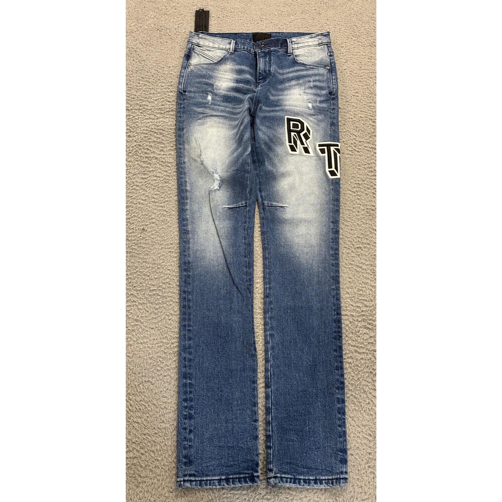 RTA Jeans Mens 31x33 Blue Slim Straight Distressed Denim RTA Patch Logo Letter